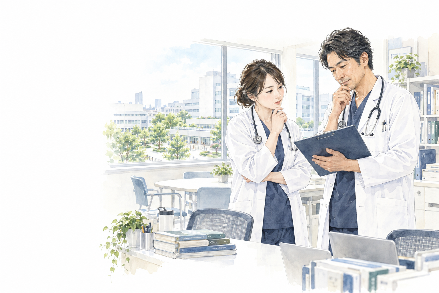 勤務予定と条件の書面を見ながら相談する2人の医師のイラスト