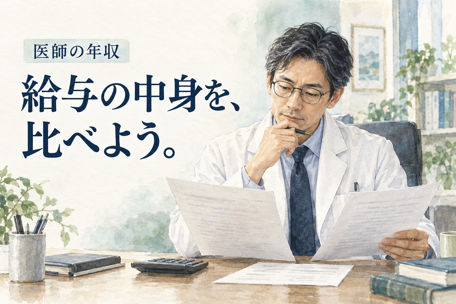医師 年収。給与の平均と提示額を区別し、固定分・変動分・勤務負担をそろえて比べます。